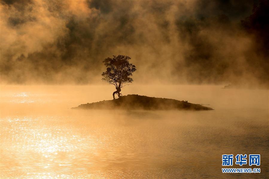 这是10月11日在安徽黄山拍摄的晨雾弥漫的奇墅湖秋色。 新华社发（施广德 摄）