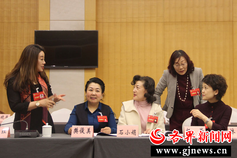 杨芳、林文俊、杨芳、樊俊美、韩玲5名委员围绕母婴室进行讨论。 记者 李荣 摄