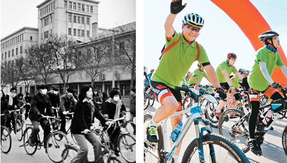 自行车车轮转动 见证西安变迁