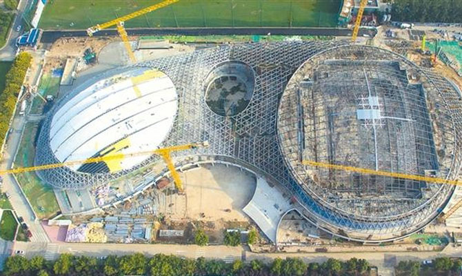 航拍陕西奥体中心体育馆项目建设工地