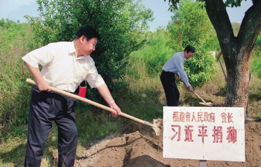 2001年10月，習近平在龍巖市長汀縣調研水土流失治理工作，在河田世紀生態園為樹培土。圖源：《習近平在福建（下）》